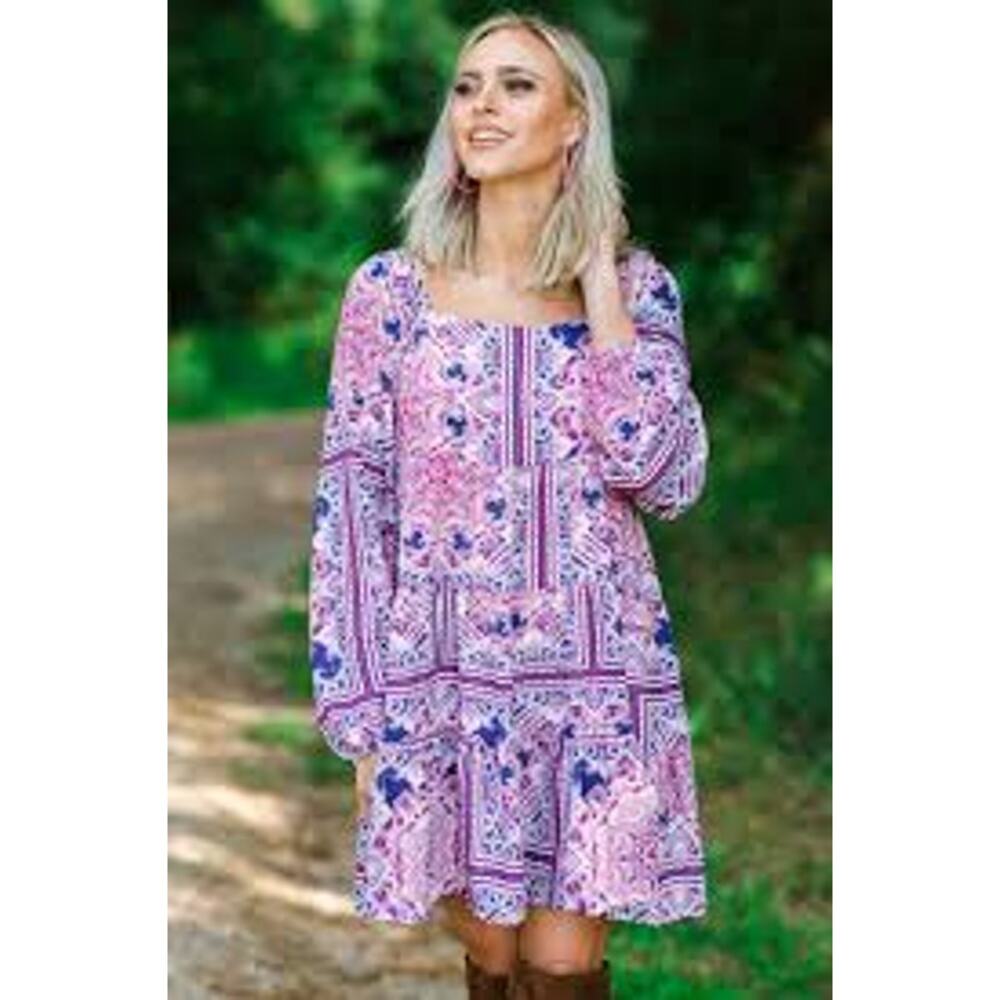 SAVANNA JANE Frilly Patchwork Print Mini Dress Size Medium M Long Sleeve